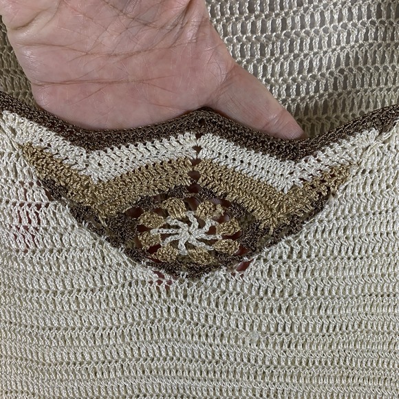 Womens Silk Blend Open Knit Crochet Sweater Top Sz M Boho Chevron Short Sleeve - Picture 4 of 12